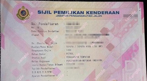 Raw JPJ vehicle grant document with handwritten and printed fields